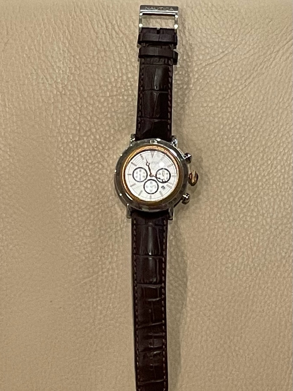 Nautica Brown Leather Strap Chronograph with White Dial